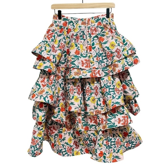 Buru Teagan Floral Print Tiered Ruffle Midi Pocketed A-Line Skirt NWT Party - Picture 3 of 14